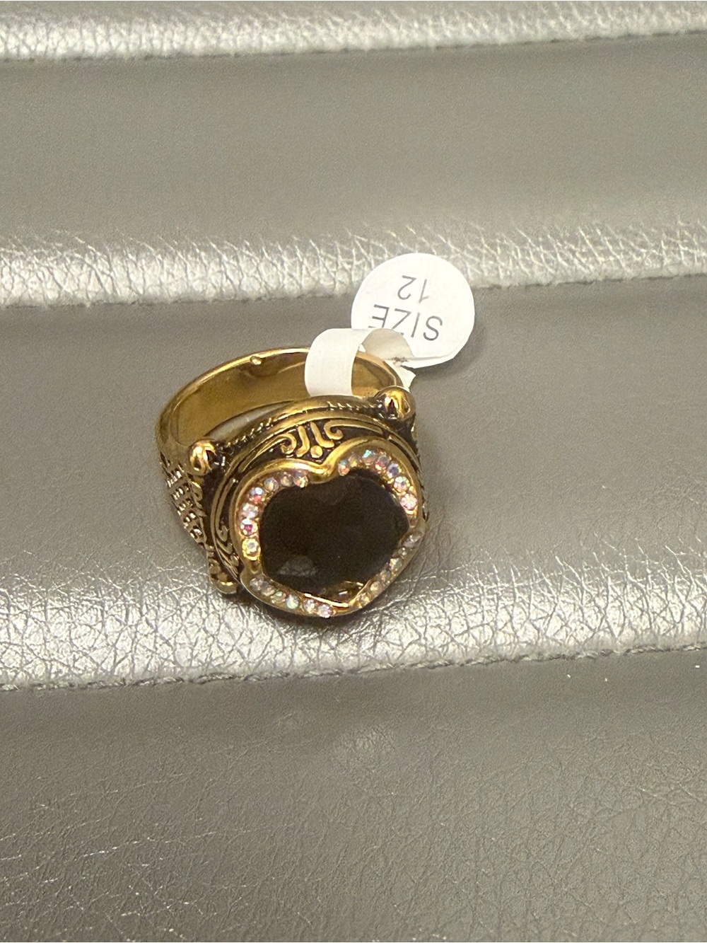 Gold Heart Ring with Black Center and Crystal Halo
